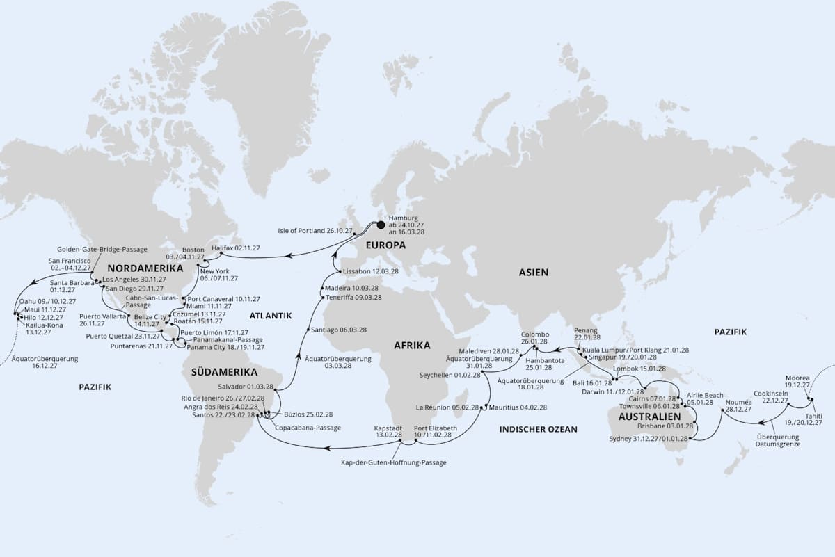 Die Route der AIDAdiva Weltreise